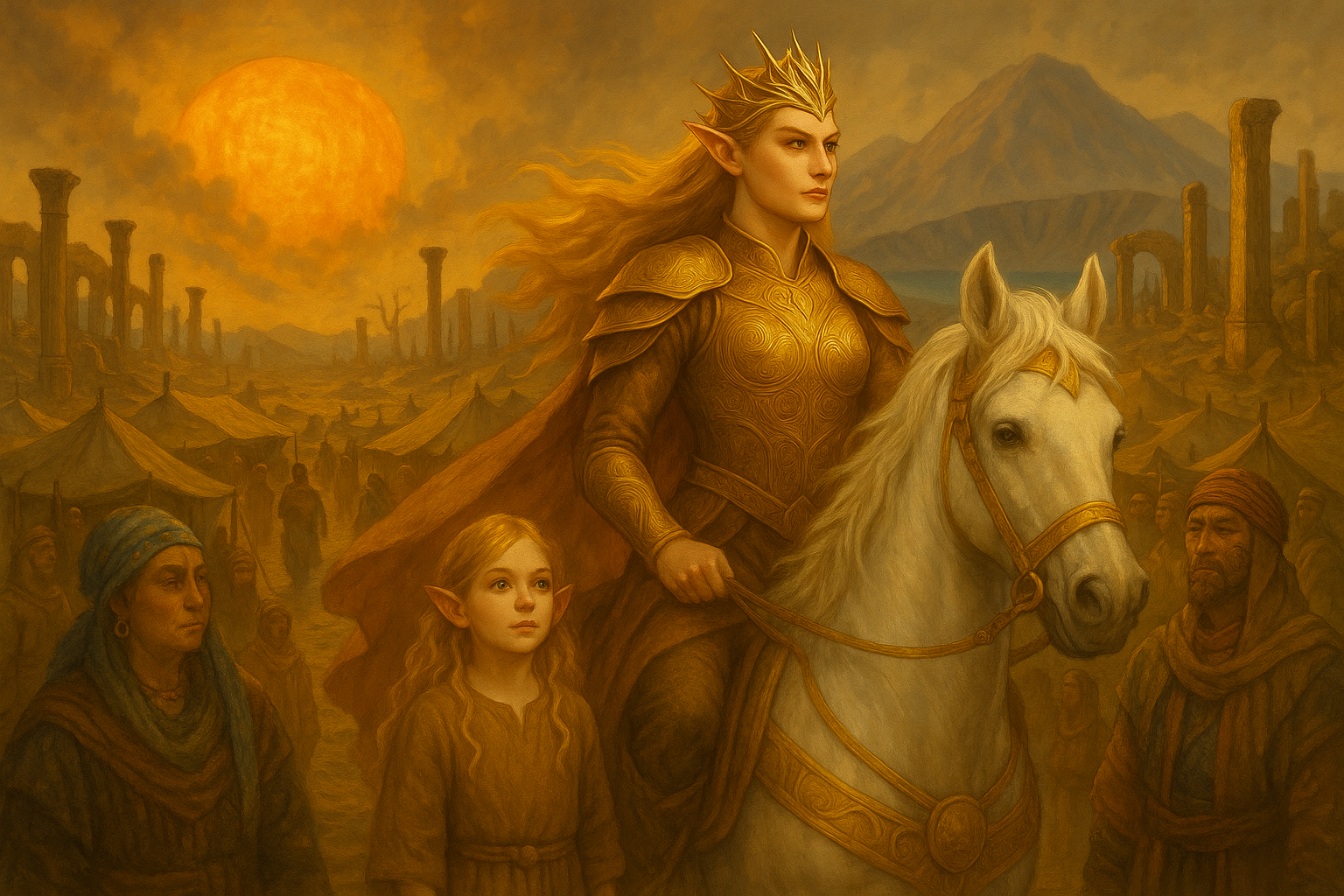 Siohbhan, Si'Talie, Lifebringer, Goddess of Fate rides upon Albrion, her white steed. Young Sahira, the Seeress of Talmeren by her side. In the background, The ruined towers of a once great city.