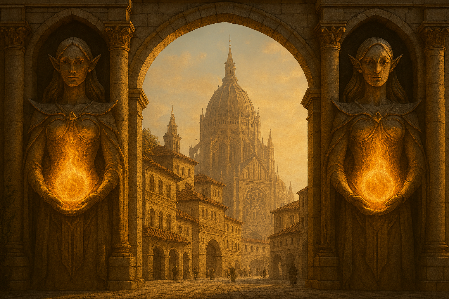 The Sun palace of Talmeren in Aridacea seen through the city gates