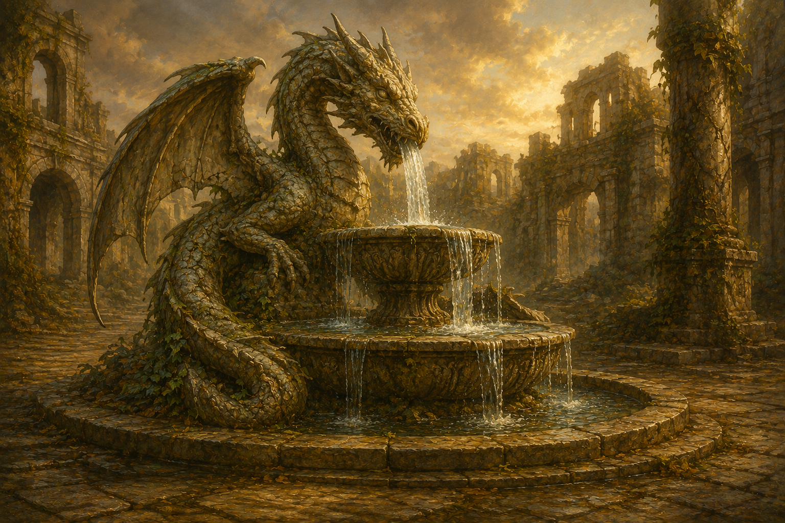 A water fountain in the shape of a great stone dragon sits in the middle of a broken square within the plane of Aridacea.